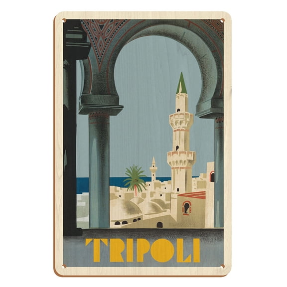 Tripoli Libya - Gurgi Mosque - Old Medina Marketplace - Vintage Travel Poster c.1930s - 8 x 12 inch Vintage Wood Art Sign