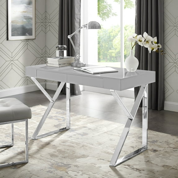 Tripp Light Grey/Chrome Desk - 2 Drawers, High Gloss Finish, Polished Stainless Steel Base