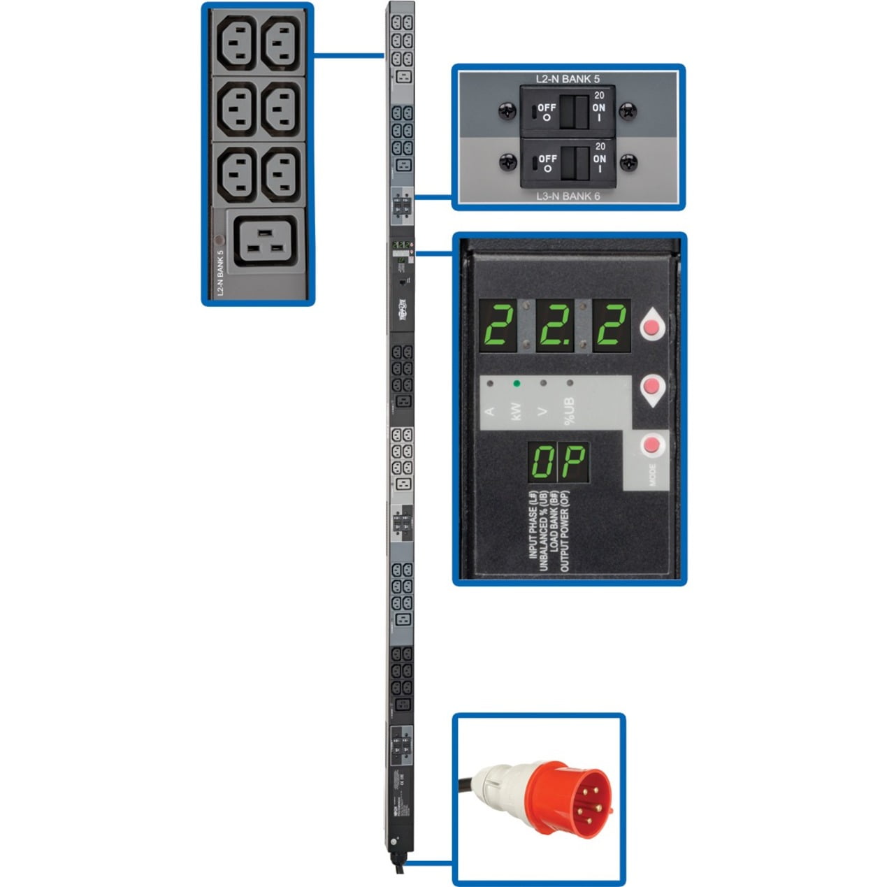 Tripp Lite 0U Vertical 22.2kW 3-Phase Metered PDU w/ 42 Outlets (36xC13, 6xC19)