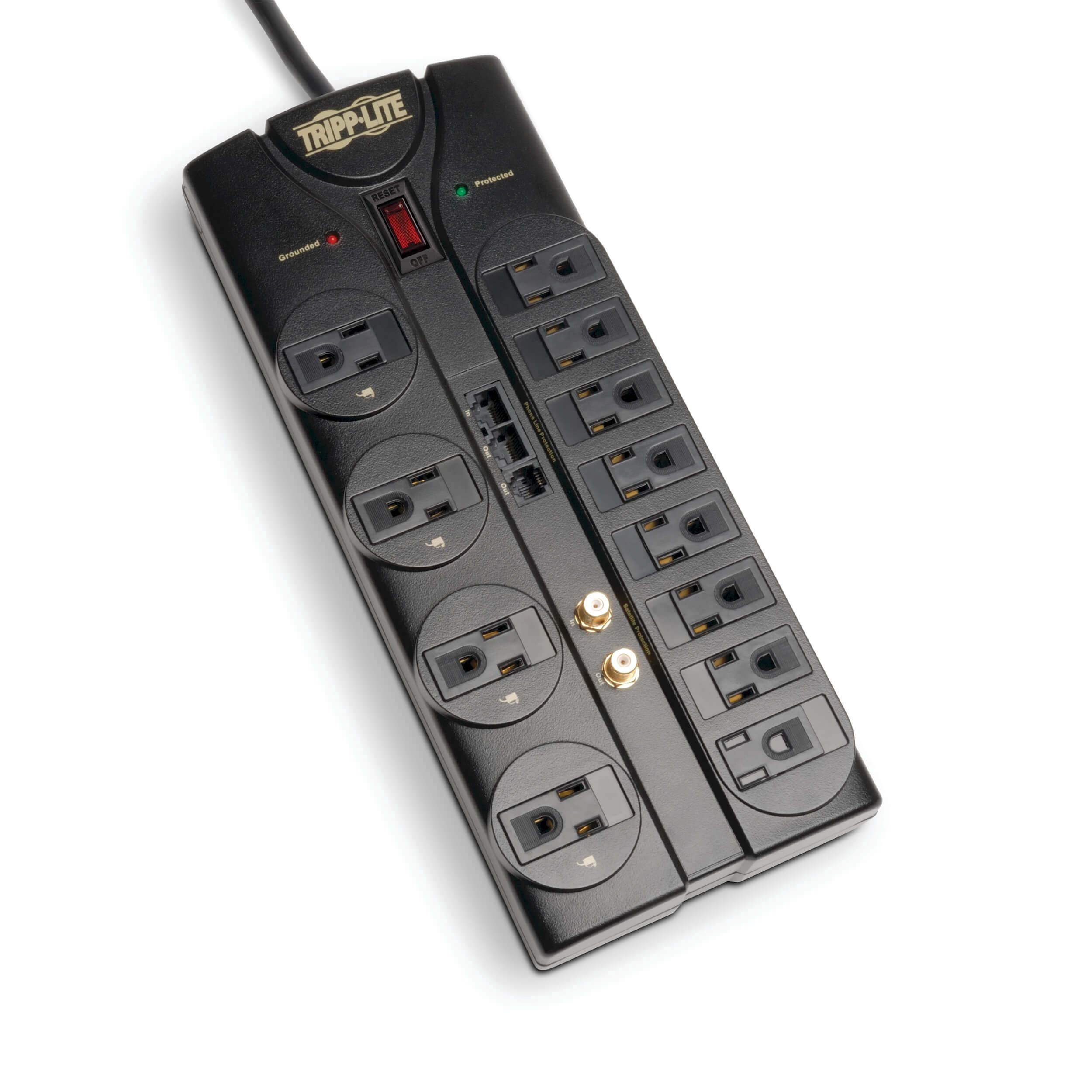 Tripp Lite 12 Outlet Surge Protector Power Strip, 8ft Cord, Right-Angle Plug, Tel/Modem/Coax/Ethernet Protection, RJ11, RJ45, & $250,000 INSURANCE (TLP1208SAT) Black CA2
