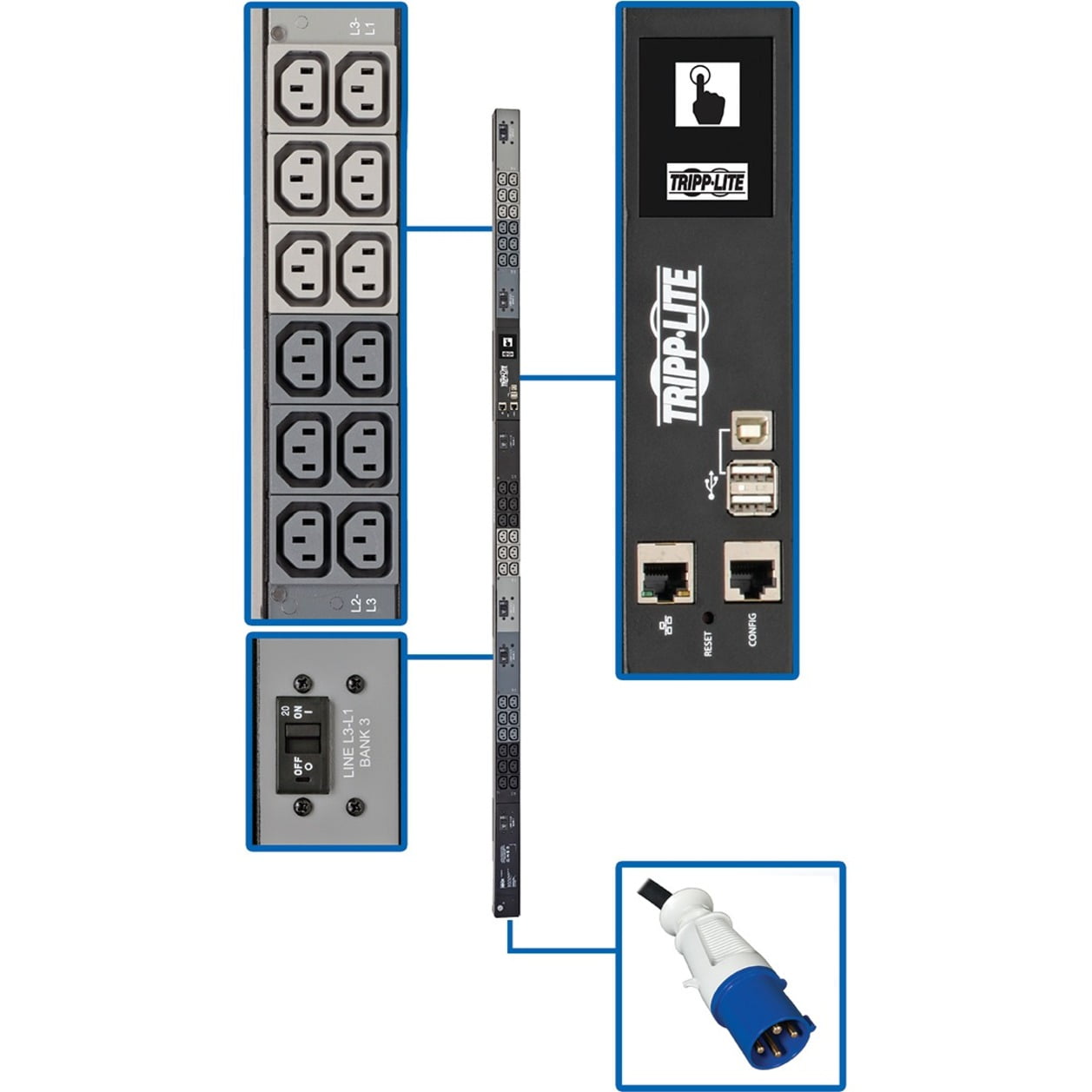 Tripp Lite PDU 3-Phase Monitored 18.7kW 208/240V 36 C13 60A Blue 0U TAA
