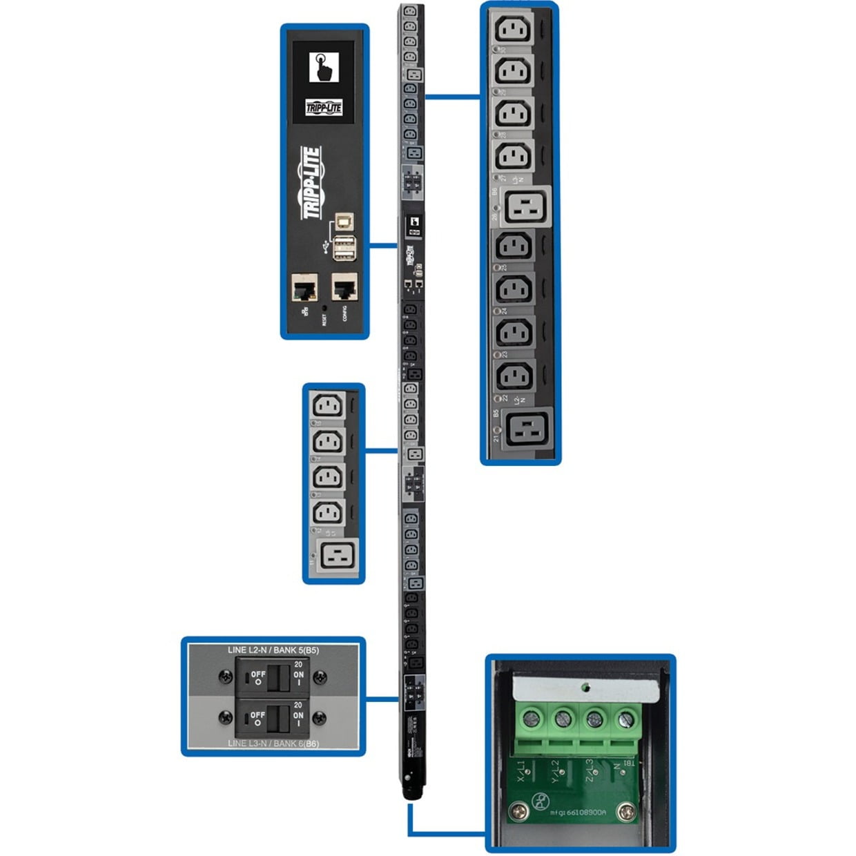 Tripp Lite 3-Phase PDU Switched 28.8kW 220-240V 24 C13 6 C19 Touchscreen 0U
