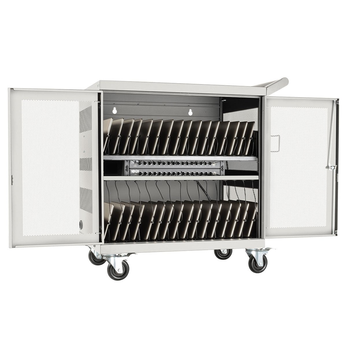 Tripp Lite 32-port Usb Charging Cart Storage Station Android Tablet White - 4 Casters - Metal - 34.8" Width X 21.6" Depth X 36.1" Height - Steel Frame - White - For 32 Devices (csc32usbw)