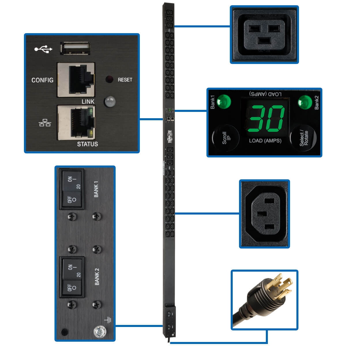 Tripp Lite 5/5.8kw Single-phase Monitored Pdu, Lx Interface, 208/240v Outlets (36 C13/6 C19), L6-30p, 10 Ft. Cord, 0u 1.8m/70 In. Height, Taa - Distribution Unit (rack-mountable) - 30 A - Ac