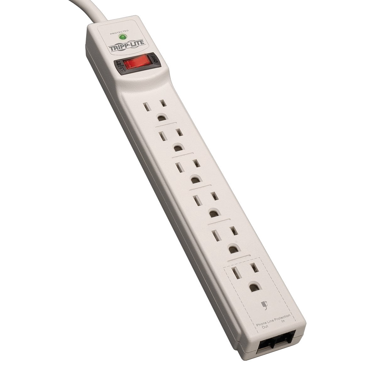 Tripp Lite 6 Outlet Surge Protector Power Strip, Black, 8ft Cord, Tel/Modem Protection, RJ11, $20,000 INSUANCE (TLP608TEL), Light Gray