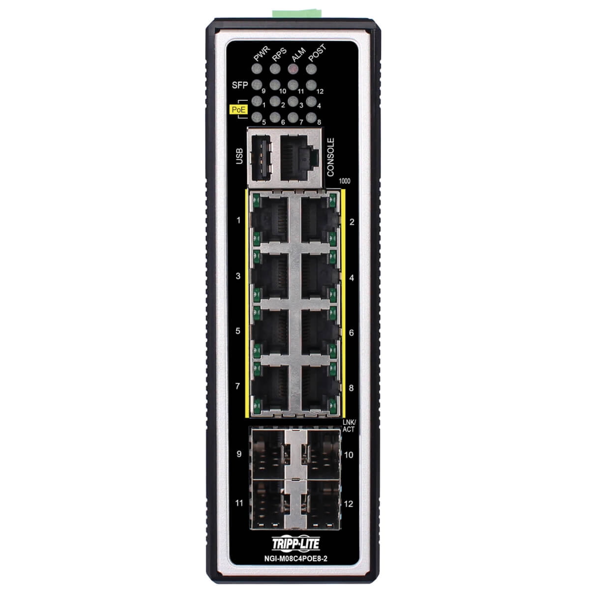Tripp Lite by Eaton 8-Port Managed Industrial Gigabit Ethernet Switch - Layer 2, 1 Gbps, PoE+ 30W, 4 GbE SFP Ports, -40?&deg; to 75?&deg;C, DIN Mount - 8 Ports - Manageable - Gigabit Ethernet - 10/...