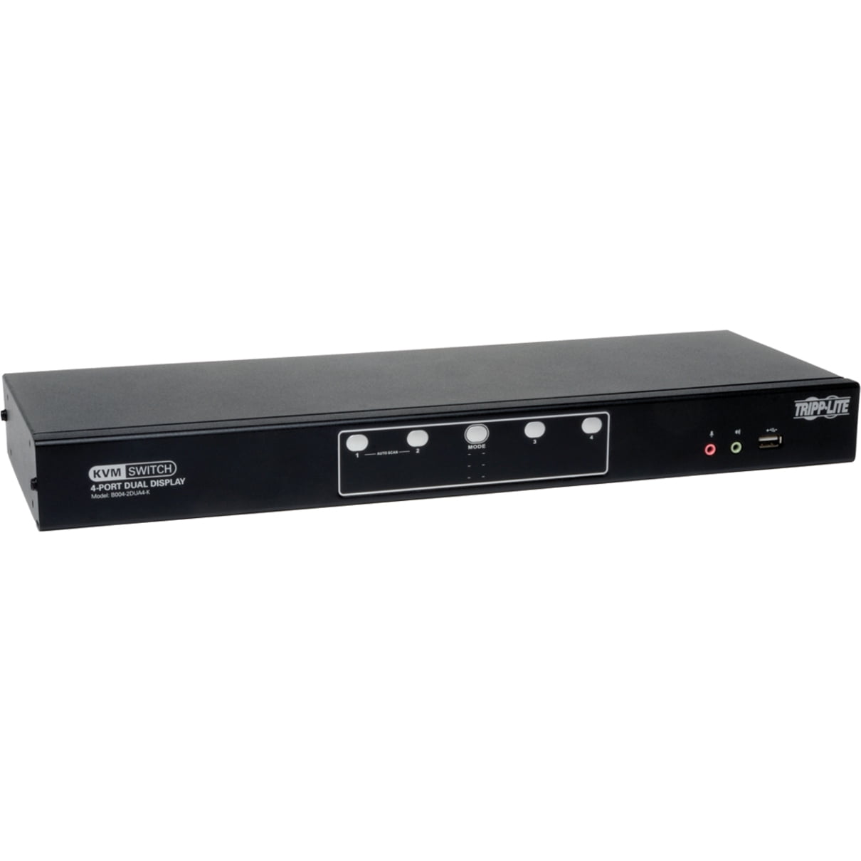 Tripp Lite B004-2DUA4-K Tripp Lite 4-Port Dual Monitor DVI KVM Switch with Audio and USB 2.0 Hub, Cables included - 4 Computer(s) - 1 Local User(s) - 2560 x 1600 - 1 x Network (RJ-45) - 7 x USB - 10 x