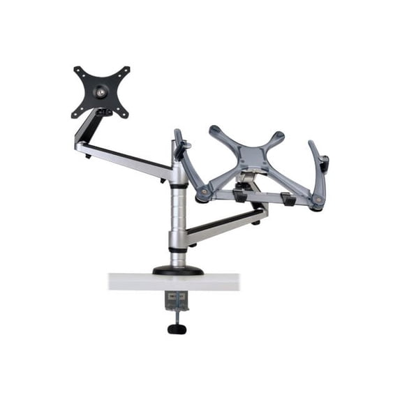 Tripp Lite Dual Display Laptop Mount Monitor Stand Swivel Tilt Clamp 13" to 27" EA and Laptops up to 15" - Mounting kit (holder, collars, 2 interface brackets, knob, sleeve, 2 dual articulating arm, desk clamp pole) - full-motion - for LCD display / notebook - steel - black - screen size: 13"-27" - desktop