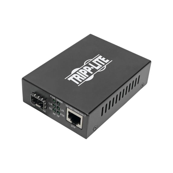 Tripp Lite by Eaton Gigabit SFP Fiber to Ethernet Media Converter, POE+, International Power Cables, 10/100/1000 Mbps - 1 x Network (RJ-45) - Single-mode, Multi-mode - Gigabit Ethernet - 10/100/100...