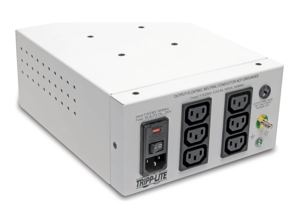 Eaton Tripp Lite Series Isolator Series Dual-Voltage 115/230V 600W 60601-1 Medical-Grade Isolation Transformer, C14 Inlet, 6 C13 Outlets - Transformer - AC 115/230 V - 600 Watt - 600 VA - output connectors: 6 - white