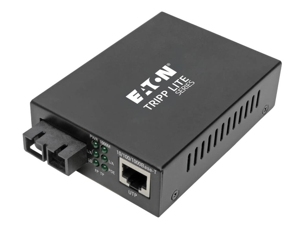 Eaton Tripp Lite Series Gigabit Multimode Fiber to Ethernet Media Converter, POE+ - 10/100/1000 SC, 850 nm, 550 m (1804 ft.) - Fiber media converter - 1GbE - 10Base-T, 100Base-TX, 1000Base-T - RJ-45 / SC multi-mode - up to 1800 ft - 850 nm