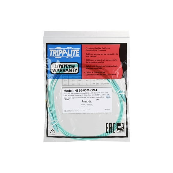 Tripp Lite N820-03M-OM4 N820 Series 10 Gb/100 Gb Duplex Multimode LC/LC Fiber Patch Cable, Aqua, 10-Ft. Cord