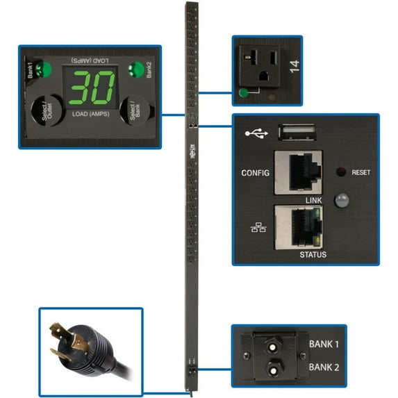 Eaton 2.9kW Single-Phase Switched PDU, LX Platform, Outlet Monitoring, 120V Outlets (24 NEMA 5-15/20R), L5-30P Plug, 0U, TAA - Switched - NEMA L5-30P - 24 x NEMA 5-15/20R - 120 V AC - 0U - Vertical...