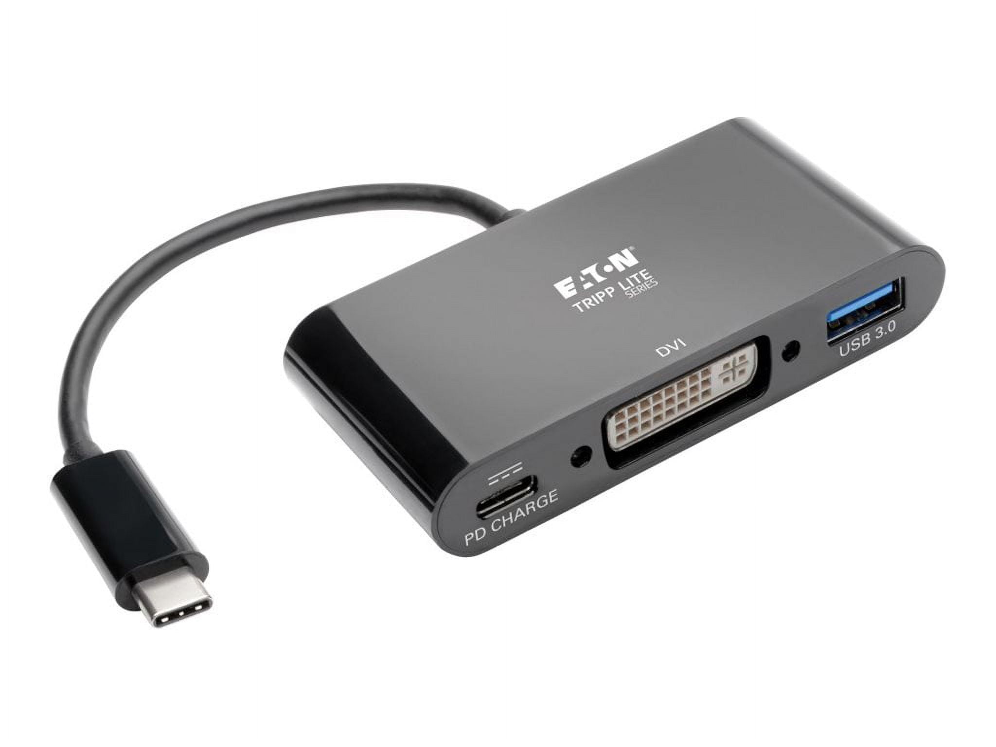 Eaton Tripp Lite Series USB C to DVI Adapter with USB-A Hub, Thunderbolt 3-1080p, PD Charging, Black, 6 in., USB Type C, USB-C, USB Type-C - Docking station - USB-C - DVI