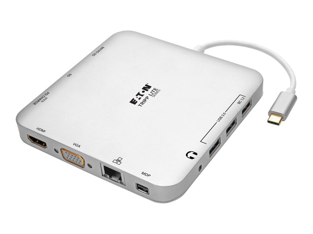 Eaton Tripp Lite Series USB C Laptop Docking Station w/ mDP, HDMI, VGA, GbE, 4K @ 30 Hz, Thunderbolt 3 - USB-A, PD Charging, Silver, USB Type-C - Docking station - USB-C 3.1 / Thunderbolt 3 - VGA, HDMI, Mini DP - 1GbE
