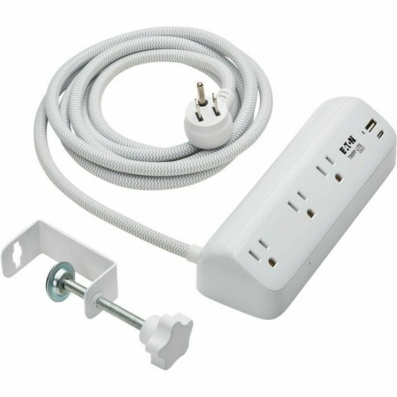 Eaton Tripp Lite Series Protect It! 3-Outlet Surge Protector with USB-A and USB-C Ports, 5-15R Outlets, 900 Joules, 20W PD Charging, Desk Clamp, 8 ft. (2.4 m) Braided Cord, White