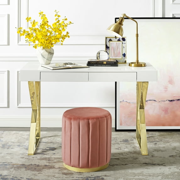 Tripp White/Gold Desk - 2 Drawers, High Gloss Finish, Polished Stainless Steel Base