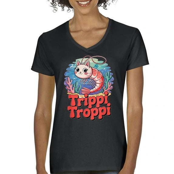 Trippi Troppi Shrim Cat Women's V-Neck T-shirt Italian Brainrot Gen Z Alpha Meme