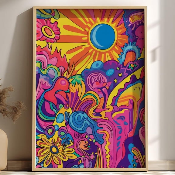 Trippy 70s Psychedelic Art Print: Groovy Retro Sun & Flowers
