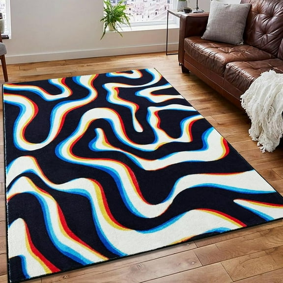 Trippy Abstract Area Rug Funky Aesthetic Glitch Psychedelic Wavy Swirl Living Room Rug Colorful Black White, Retro Cool Washable Carpet For Kitchen Entryway Bedroom Dorm 1x2ft