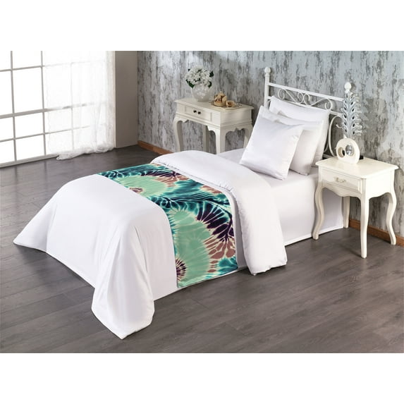 Trippy Bed Runner, Nostalgic Swirling Shell Blooms Hippie Tie Dye Themed Psychedelic Art, Decorative Accent Bedding Scarf for Hotels Homes & Guest Rooms, Twin, Teal Cinnamon and Plum, by Ambesonne