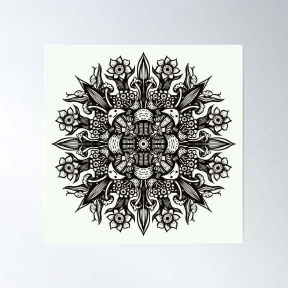 Trippy Black And White Psychedelic Mushrooms Mandala Poster Wall Art, Modern Wall Decor For Living Room Bedroom, 30x30 UNFRAMED