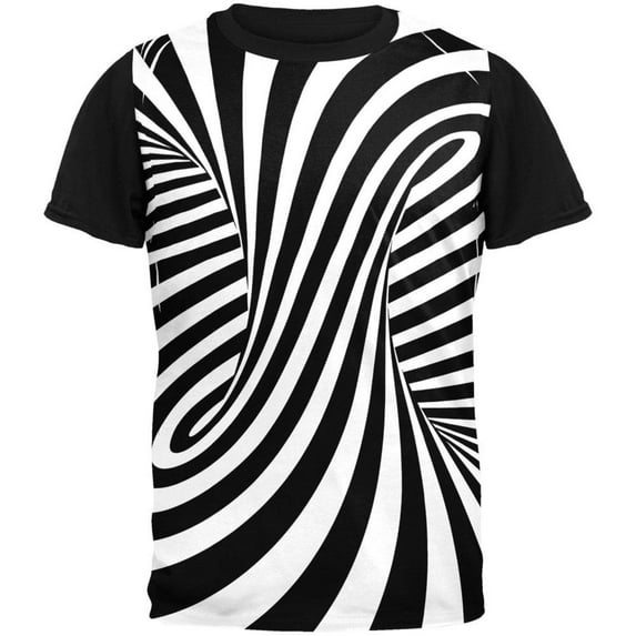 Trippy Black And White Swirl Adult Black Back T-Shirt - Medium