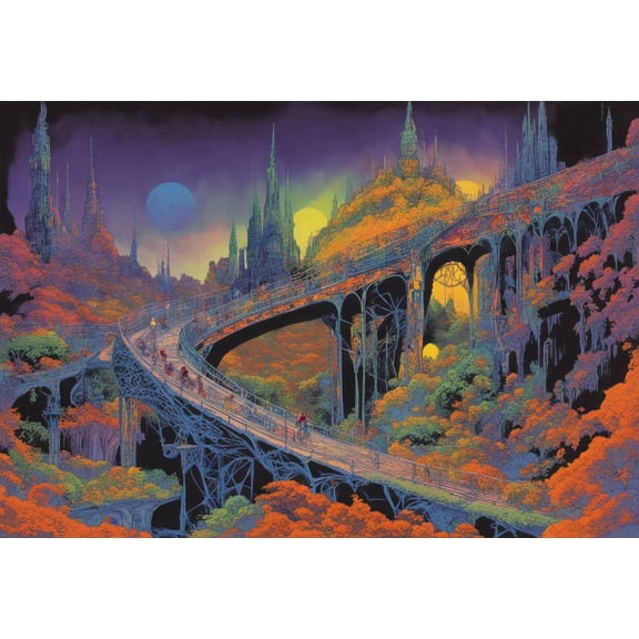 Trippy Bridge Retro Illustration - 12" x 18" Art Print Wall Decor