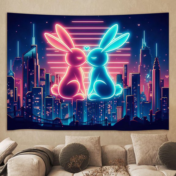 Trippy Bunny Tapestry Wall Hanging, Couple Rabbit Psychedelic Funny Pet Art, Polyester for Bedroom Living Room Dorm Gift