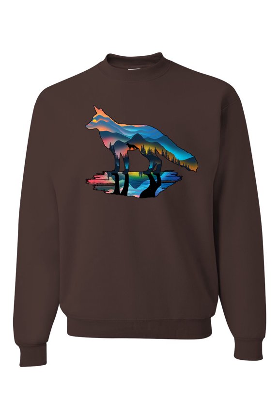 Trippy California Rainbow Neon Wolf Mountain Silhouette | Mens Animal Lover Crewneck Graphic Sweatshirt, Brown, Large