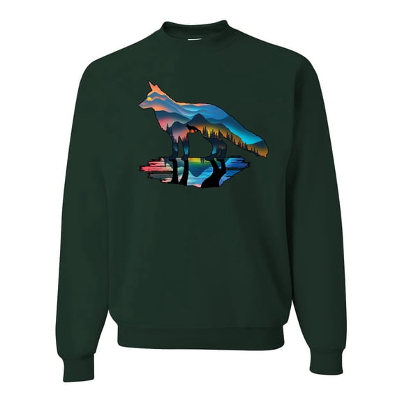 Trippy California Rainbow Neon Wolf Mountain Silhouette | Mens Animal Lover Crewneck Graphic Sweatshirt, Forest Green, 2XL