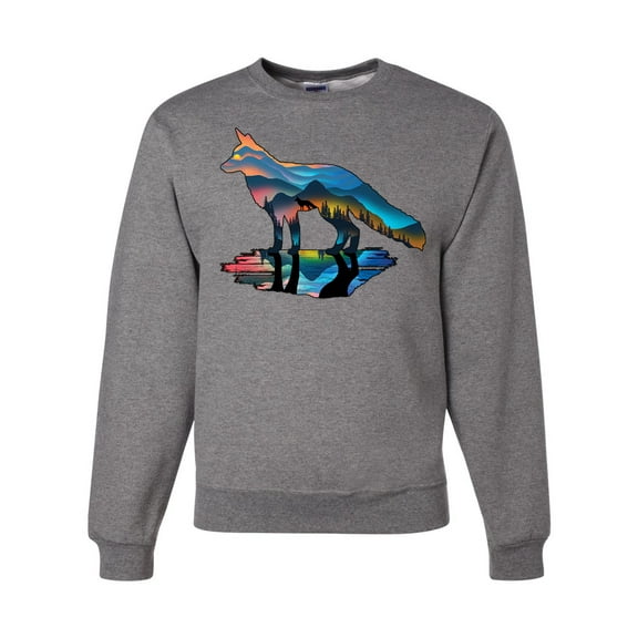 Trippy California Rainbow Neon Wolf Mountain Silhouette | Mens Animal Lover Crewneck Graphic Sweatshirt, Heather Grey, 2XL