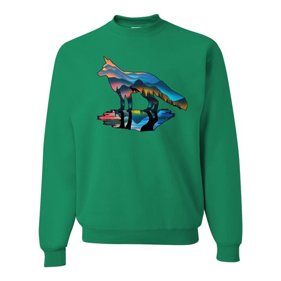 Trippy California Rainbow Neon Wolf Mountain Silhouette | Mens Animal Lover Crewneck Graphic Sweatshirt, Kelly, X-Large