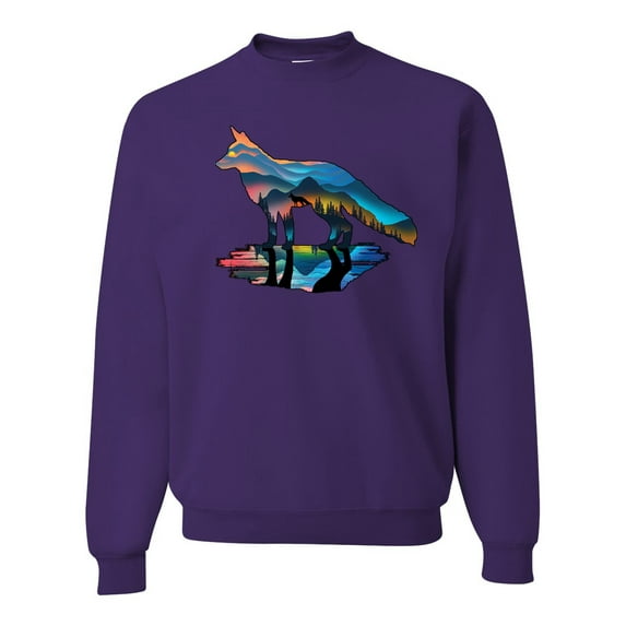 Trippy California Rainbow Neon Wolf Mountain Silhouette | Mens Animal Lover Crewneck Graphic Sweatshirt, Purple, Small