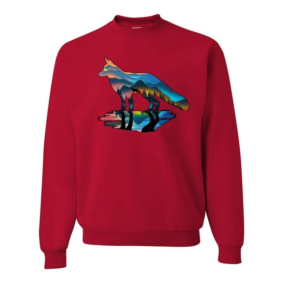 Trippy California Rainbow Neon Wolf Mountain Silhouette | Mens Animal Lover Crewneck Graphic Sweatshirt, Red, 3XL