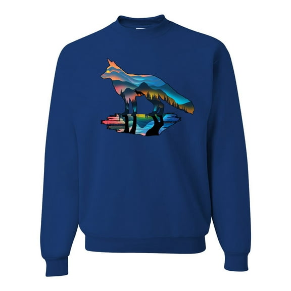 Trippy California Rainbow Neon Wolf Mountain Silhouette | Mens Animal Lover Crewneck Graphic Sweatshirt, Royal, X-Large