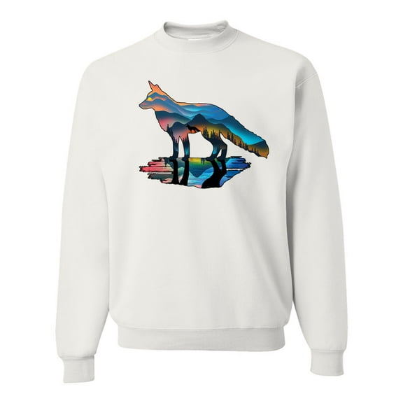 Trippy California Rainbow Neon Wolf Mountain Silhouette | Mens Animal Lover Crewneck Graphic Sweatshirt, White, X-Large