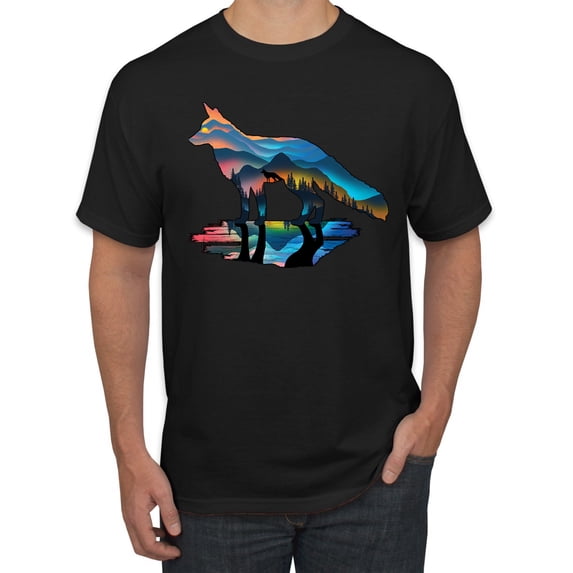 Trippy California Rainbow Neon Wolf Mountain Silhouette | Mens Animal Lover Graphic T-Shirt, Black, Large