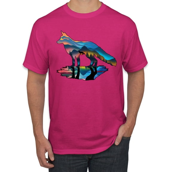 Trippy California Rainbow Neon Wolf Mountain Silhouette | Mens Animal Lover Graphic T-Shirt, Fuschia, Small