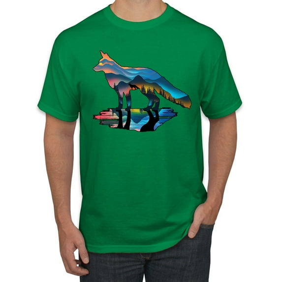 Trippy California Rainbow Neon Wolf Mountain Silhouette | Mens Animal Lover Graphic T-Shirt, Kelly, X-Large