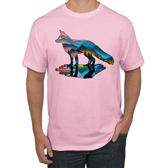 Trippy California Rainbow Neon Wolf Mountain Silhouette | Mens Animal Lover Graphic T-Shirt, Light Pink, Medium