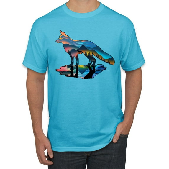 Trippy California Rainbow Neon Wolf Mountain Silhouette | Mens Animal Lover Graphic T-Shirt, Light Turquoise, 2XL