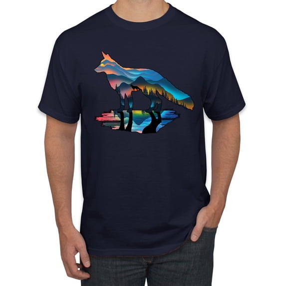 Trippy California Rainbow Neon Wolf Mountain Silhouette | Mens Animal Lover Graphic T-Shirt, Navy, Small