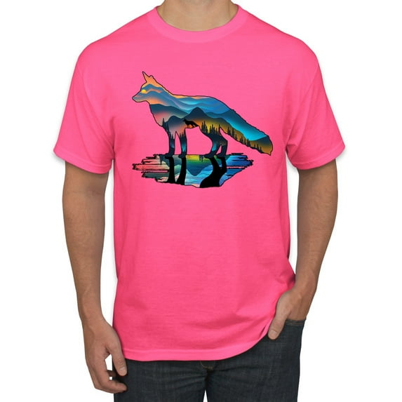 Trippy California Rainbow Neon Wolf Mountain Silhouette | Mens Animal Lover Graphic T-Shirt, Neon Pink, X-Large