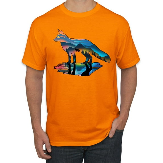 Trippy California Rainbow Neon Wolf Mountain Silhouette | Mens Animal Lover Graphic T-Shirt, Orange, Small