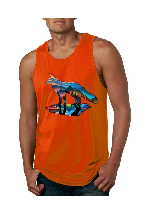 Trippy California Rainbow Neon Wolf Mountain Silhouette | Mens Animal Lover Graphic Tank Top, Orange, 2XL