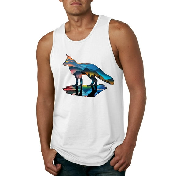 Trippy California Rainbow Neon Wolf Mountain Silhouette | Mens Animal Lover Graphic Tank Top, White, Large