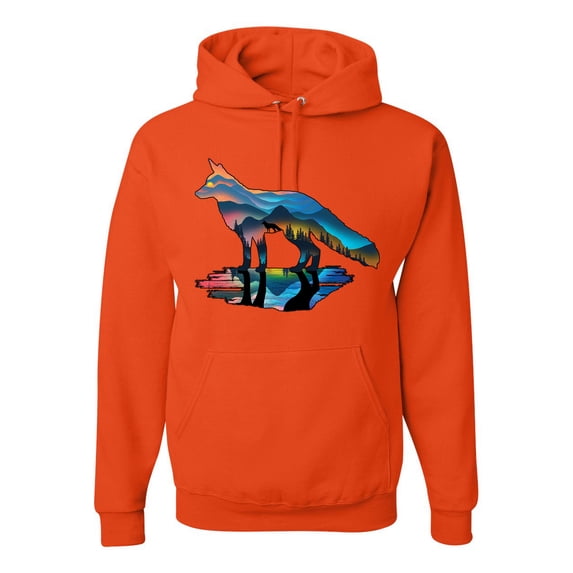 Trippy California Rainbow Neon Wolf Mountain Silhouette | Mens Animal Lover Hooded Sweatshirt Graphic Hoodie, Orange, 3XL