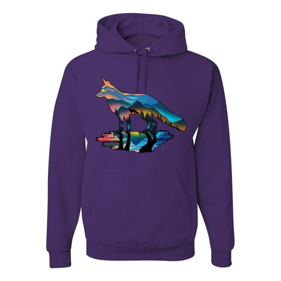 Trippy California Rainbow Neon Wolf Mountain Silhouette | Mens Animal Lover Hooded Sweatshirt Graphic Hoodie, Purple, Small