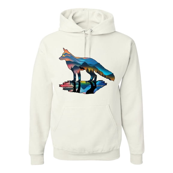 Trippy California Rainbow Neon Wolf Mountain Silhouette | Mens Animal Lover Hooded Sweatshirt Graphic Hoodie, White, Medium